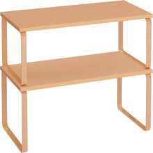 SONGMICS Cabinet Organizer Shelf, Set Of 2 Kitchen Counter Shelves, Kitchen Storage, Spice Rack, Stackable, Expandable, Metal And Engineered Wood, Apricot UKCS200Y01