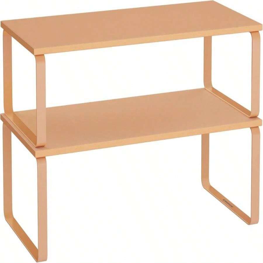 SONGMICS Cabinet Organizer Shelf, Set Of 2 Kitchen Counter Shelves, Kitchen Storage, Spice Rack, Stackable, Expandable, Metal And Engineered Wood, Apricot UKCS200Y01