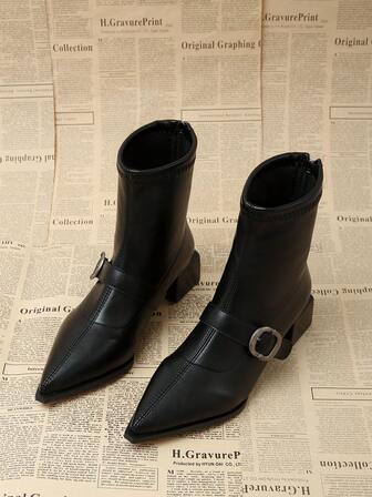 Elegant Matte Leather Short Boots For Women, Pointed Toe Chunky Heel Back Zipper Fashion Boots, 2025 Autumn/Winter New Style One-Buckle Decor Chelsea Boots Suitable For Street, Business, Party, Wedding, Nightclub, Classic Black Mid-Calf Boots For Ladies