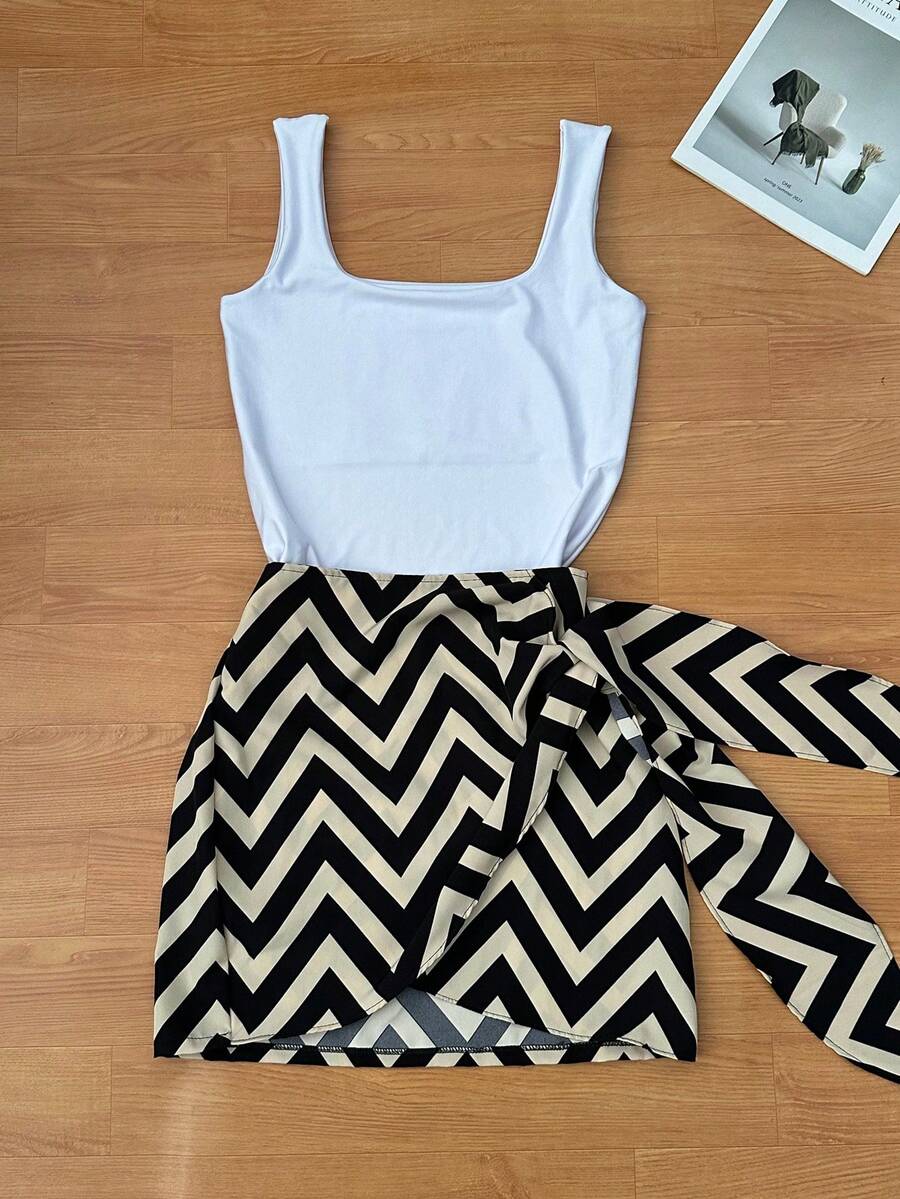 Women's Suplex Bodysuit + Printed Skirt Suitable For Spring And Summer 2025 - Branco e preto. - 查看 1