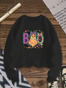 Sudadera de cuello redondo de manga larga para mujer talla grande de otoño e invierno, con elementos personalizados de Halloween, diseño lindo de fantasma y letras, sudadera de manga larga para mujer talla grande de otoño e invierno