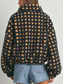 Sherpa Checkered Jacket For Women Plaid Zip Up Fleece Jacket With Pockets Winter Fall Fuzzy Cropped Coats - Navy Blue - View 3