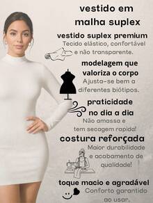 Vestido feminino Preto Tubinho Manga Longa Gola alta Cacharrel Curto Suplex Premium Básico Peça Coringa para Looks - Preto - Visão 7