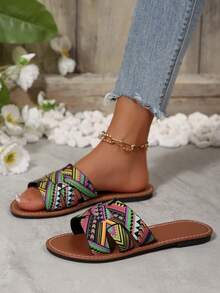 New Colorful Women Flat Sandals, Tropical Print Bohemian PU Leather Quilted Flat Sandals, Comfortable Breathable For Beach, Spring/Summer