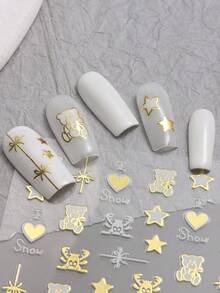 4张3D金色圣诞美甲贴纸，金属金色小鹿、小熊、雪花、星星图案，新年装饰美甲贴片 - 彩色 - 查看 5