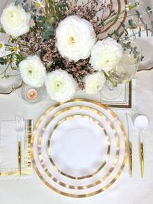 10/30/50 件白色波浪形纸盘，带金色边缘，一次性婚礼派对盘子，7.25 英寸、9 英寸和 10.5 英寸扇形甜点晚餐盘，适用于婚礼派对、新娘性别揭晓生日派对用品 - 白色 - 查看 4