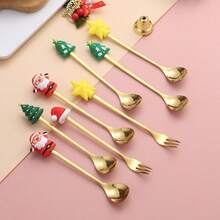 2pcs Christmas Spoon Set, Christmas Gift Tableware, Dessert Spoon & Fork With Santa Claus & Reindeer Figurine - Multicolor - View 2