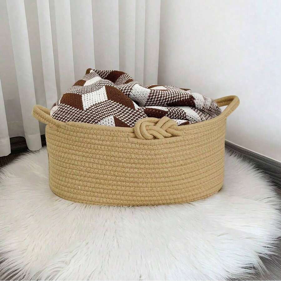 Solid Color Thickened Foldable Laundry Basket, Blanket Basket, Handwoven Basket With Handle, For Storing Clothes, Blankets, Quilts, Pillows, Toys, Miscellaneous Items, Shoes, Suitable For Bedroom, Laundry Room, Hallway