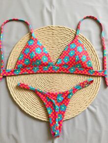 Set de 2 piezas Traje de baño de mujer con estampado floral y diseño de cordones en la espalda, para vacaciones, playa, escenarios, conciertos, verano - Multicolor - Ver 1