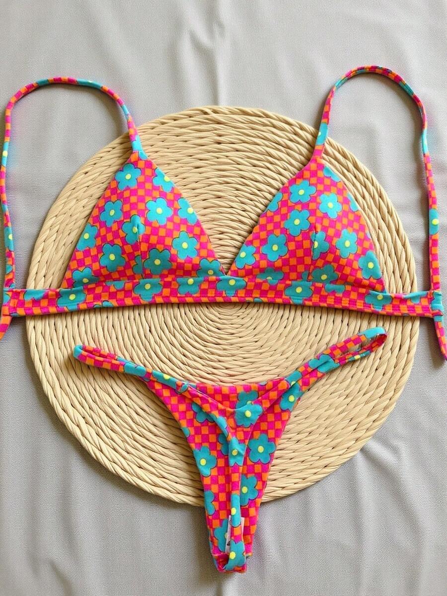 Set de 2 piezas Traje de baño de mujer con estampado floral y diseño de cordones en la espalda, para vacaciones, playa, escenarios, conciertos, verano - Multicolor - Ver 1