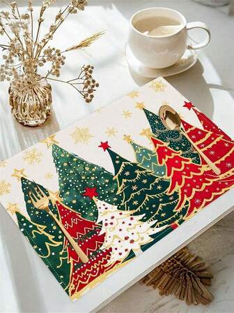 1/4/6件装圣诞树图案亚麻餐垫，绿红金配色，节日冬季假日圣诞餐厅厨房餐桌装饰，防污隔热餐垫，节日派对圣诞氛围装饰道具，圣诞装饰礼品，婚礼生日派对节日装饰，圣诞装饰，房间装饰，家居装饰，圣诞装饰品，家居圣诞礼物，圣诞装饰