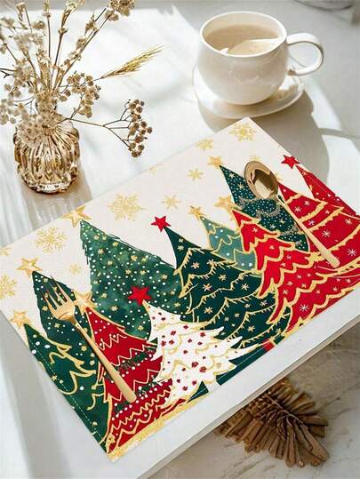 1/4/6件装圣诞树图案亚麻餐垫，绿红金配色，节日冬季假日圣诞餐厅厨房餐桌装饰，防污隔热餐垫，节日派对圣诞氛围装饰道具，圣诞装饰礼品，婚礼生日派对节日装饰，圣诞装饰，房间装饰，家居装饰，圣诞装饰品，家居圣诞礼物，圣诞装饰