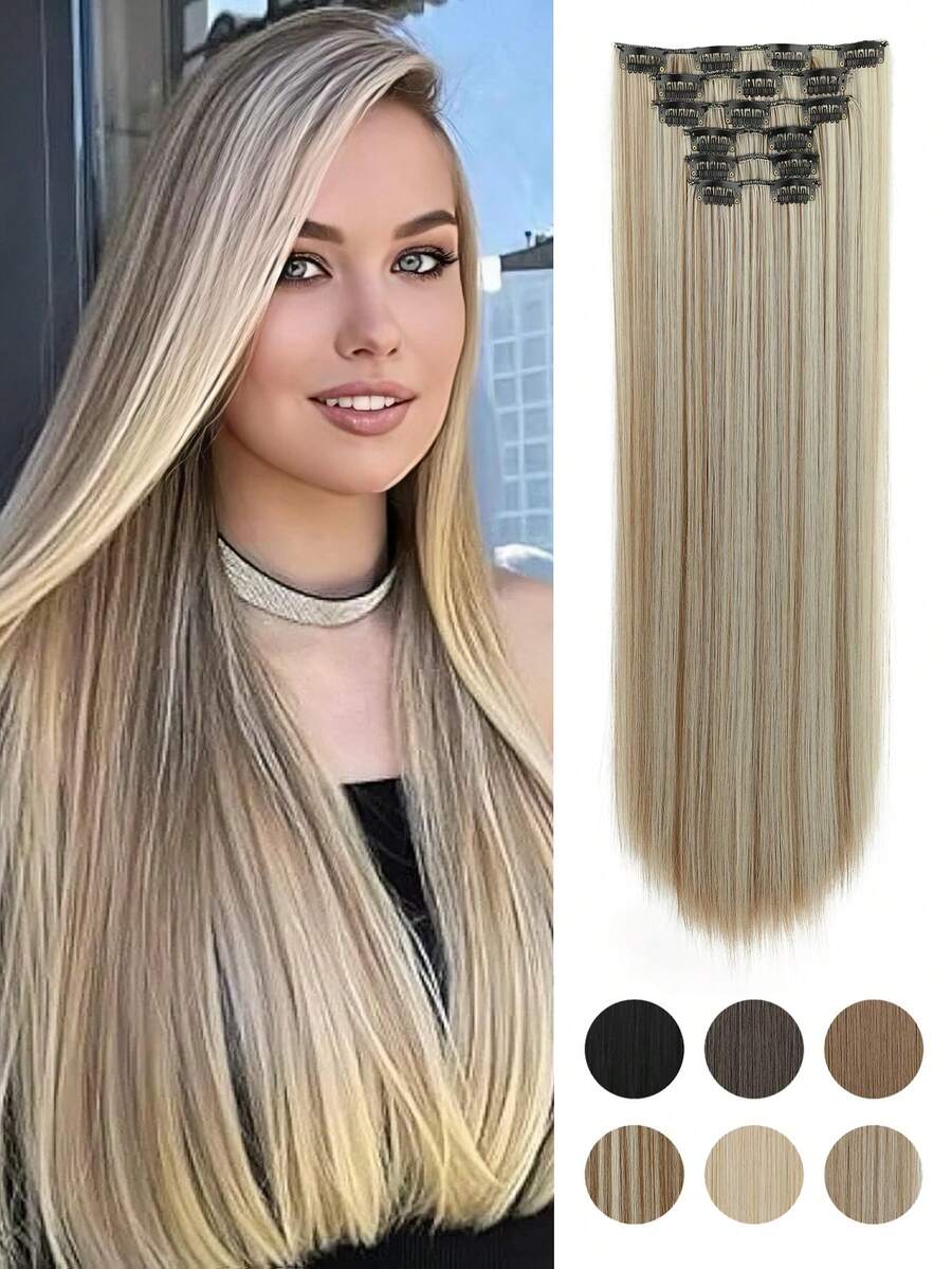 Clip In Hair Extensions 6PCS Straight 20" Hair Extensions For Women,Heat Resistant Synthetic Hairpiece For Women Daily - Multicolor - View 1