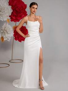 ADYCE High Waist Spaghetti Strap Long Prom Dress 3D Floral High Slit Backless Formal Gown Dress For Party, Prom, Banquet, Homecoming And Graduation - White - View 5