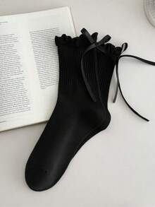 1 双女士秋冬新款蝴蝶结芭蕾袜，纯色蕾丝边甜美中筒袜，百搭日常穿着 - 彩色 - 查看 6