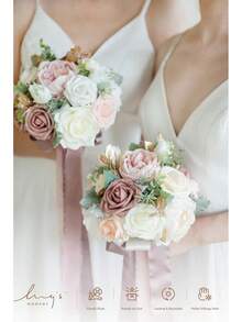 Ling's Moment Artificial Flowers Pink Bridesmaid Bouquet, Dusty Wedding Flowers Bouquets Bridesmaids, Inch Bridal Bouquets Bridesmaids, Wedding, Ceremony, Anniversary, Etc - Xanh lam Blu-navy & Đỏ Burgundy - Xem 8