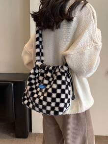 TIANDINGYU Women's Plush Shoulder Bag, Fashion Drawstring Crossbody Bag, Casual Street Style Ladies' Shoulder Bag, Minimalist Work Commute Handbag