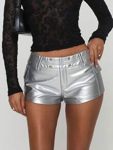 Women's Silver High Waist Eyelet Metal Decor Fashion PU Summer Elastic Tight Shorts, Suitable For Nightclub Parties, Daily Outfits, Concert Music Festival