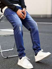 Jeans rectos rotos y ajustados casuales para hombre, estilo simple, cómodos y de moda, adecuados para viajes diarios y deportes al aire libre. - Azul - Ver 3
