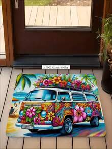 1pc New Summer Camping Van Theme Doormat, Suitable For Living Room, Bedroom, Indoor - Machine Washable - Flannel Material, Delicate Wrap, Skin-Friendly, No Pilling, Water-Resistant Easy Care, Odorless - Ideal For Home Decor, Room Decor, Living Room Carpet, Bedroom Carpet, Bathroom Carpet, Kitchen Carpet, Area Rug, Hotel Decor - Area Rug, All Season Use.