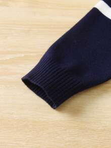 Young Boy School Style Contrast Striped Half Zip Stand Collar Sweater, Suitable For School, Spring, Autumn, Winter