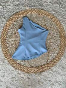 Zero Sleeve Asymmetrical Crepe One Shoulder Pantaloon Set - 淺藍色 - 查看 8