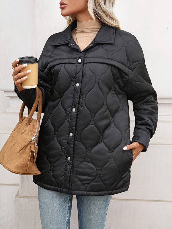 Chaqueta de mujer casual acolchada con cuello cálido y botones delanteros de unicolor, con bolsillos de unicolor, forro de felpa y botones delanteros, para uso diario