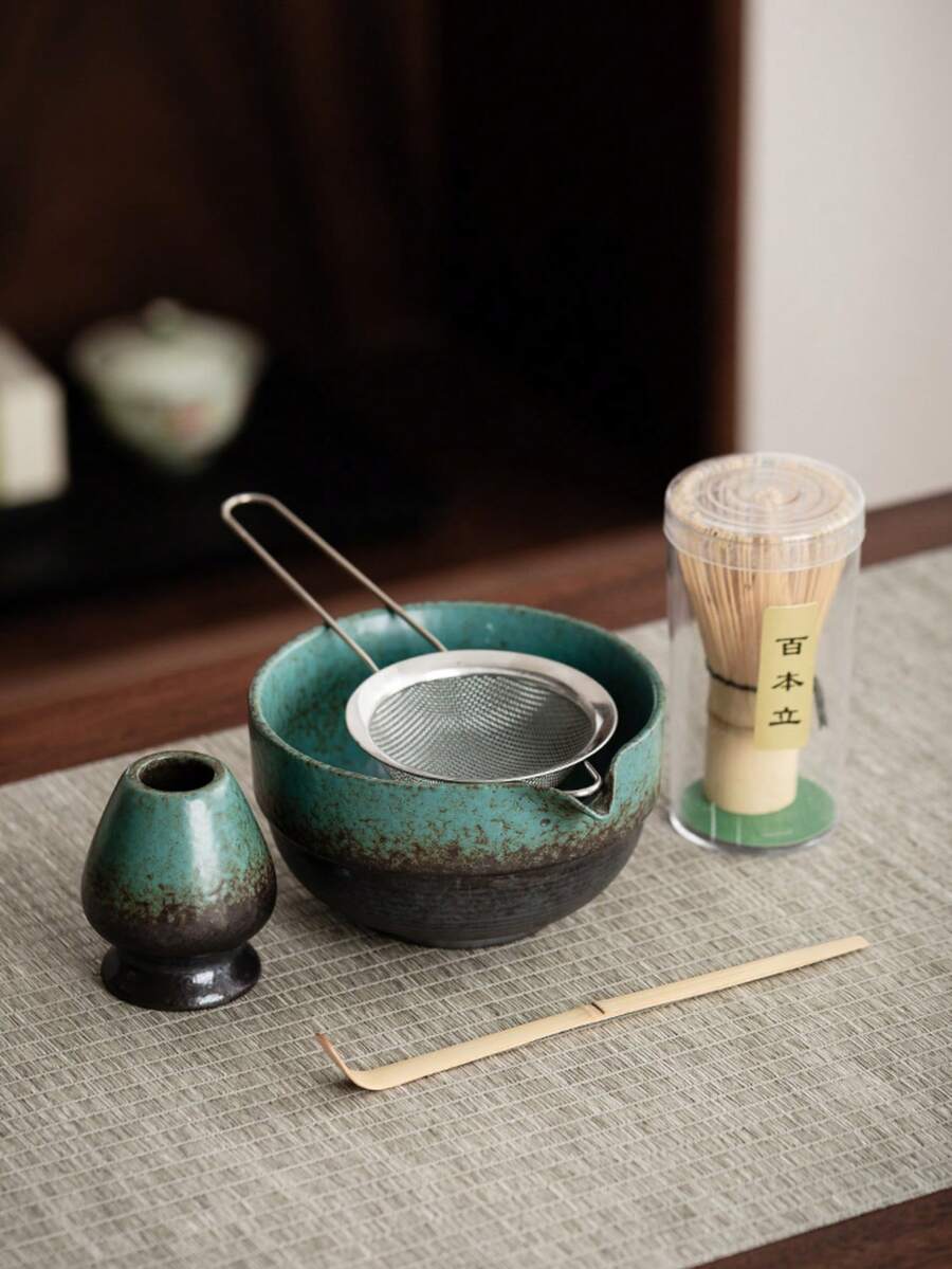 WEN ZHE 抹茶茶道套組，陶瓷窯燒抹茶茶具，竹製茶勺、攪拌架、茶筅、篩網、茶匙，傳統抹茶製作工具組