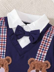 H HIBOBI 2pcs Baby Boy Outfit, Includes Bear Pattern Long Sleeve Top And Plaid Pants (0-18 Months)
