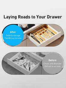1pc Adjustable Bamboo Drawer Organizer,Retractable Knife And Fork Division Organizer Box,Drawer Type Tableware Storage Box,For Utensils And Silverware - Expandable Cutlery Tray For Kitchen, Bedroom, And Living Room - Multicolor - View 4