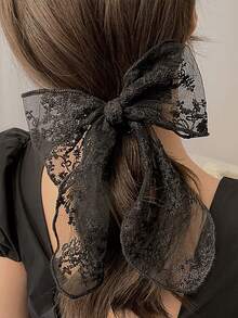 白色蕾丝蝴蝶结马尾夹，简约优雅的女孩发饰，爪夹发夹，发卡，校园用品，学院风，蝴蝶结，可爱，高贵，冬季女装，发饰，头饰，发夹 - 黑色 - 查看 5