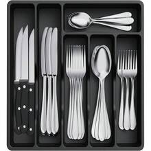 Silverware Drawer Organizer Tray, Plastic Cutlery Storage Kitchen Drawer, Flatware And Utensil Holder Divider Spoons Forks Knives Tableware, 5 Compartment, Black - 12.4 x 11.7 inch (6 Slots) + Black - View 1