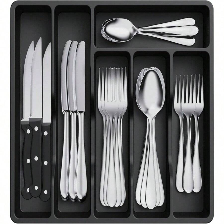 Silverware Drawer Organizer Tray, Plastic Cutlery Storage Kitchen Drawer, Flatware And Utensil Holder Divider Spoons Forks Knives Tableware, 5 Compartment, Black - 12.4 x 11.7 inch (6 Slots) + Black - View 1