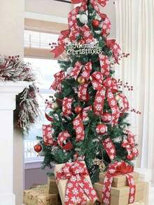 1 pièce Ruban de Noël à bord en fil de 9,14 mètres/rouleau, 63,5 mm 6,35 cm, convient pour les invitations de mariage, les bouquets de mariée, l'emballage cadeau, les artisanats DIY, la décoration de scène, la décoration de Noël et de vacances, la décoration de la pièce, la décoration de Noël à la maison