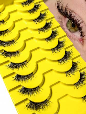 10 对 13 毫米纤细猫眼半假睫毛，3D 仿貂皮蓬松柔软卷假睫毛，打造自然妆容，适合日常化妆和约会