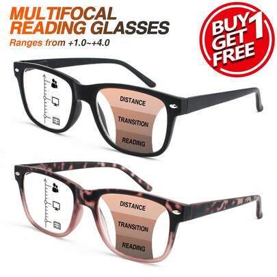 2pcs Multifocal Reading Glasses, Bifocal Lenses, Fashionable Leopard Print & Classic Black Retro Color, Comfortable Spring Hinged Frames, Unisex Progressive Magnifying Glasses