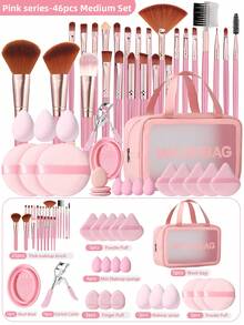 46件套专业及新手友好型旅行化妆套装：25支超柔软优质合成纤维刷（粉底/散粉/腮红/眼影/眼线）+ 3个双用途美妆蛋 + 5个三角天鹅绒粉扑 + 3个指套粉扑 + 4个迷你晕染海绵 + 3个圆形粉底粉扑 + 实用硅胶刷具清洁碗 + 防水大容量化妆包 + 不锈钢睫毛夹（硅胶垫）——适合日常化妆、度假、送礼、旅行、旅行必备、情人节礼物、经济实惠的旅行化妆刷套装、送给女性的礼物、化妆师的礼物、专业全套化妆工具 - 彩色 - 查看 1