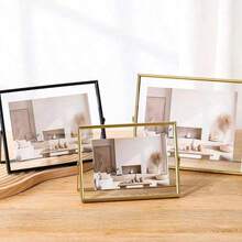 1pc Transverse Golden Metal Photo Frame, Photo Desktop Decorative Frame, Black Acrylic Transparent Stand Photo Frame, Fall Farmhouse Room Decor