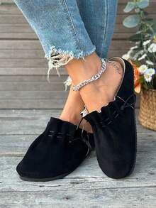 全新经典系带圆头舒适时尚休闲百搭软底平底鞋，平底鞋，秋季，穆勒鞋 - 黑色 - 查看 5