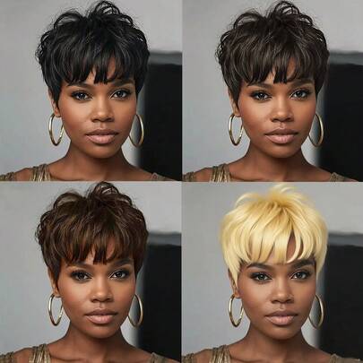 Brown(4#) Pixie Cut Human Hair Wigs For Women 1B Color 613 Blonde Dark Brown(2#) Layered Straight Hairstyle With Bangs Brazilian Remy Hair Rose Cap Net Glueless Bob Wigs For Daily Wear & Music Festival & Halloween & Christmas & New Year