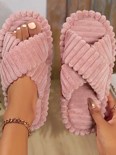 New Women's Plush Slip-On House Slippers - Soft Cushioned Indoor Shoes With Non-Slip EVA Sole, Light Pink/White/Gray/Black/, Comfortable Casual Shoes For Home, Spa, Hotel And Other Seasons - Easy-Care Slippers, Spa Shoes, Pleated Design, Home Comfort