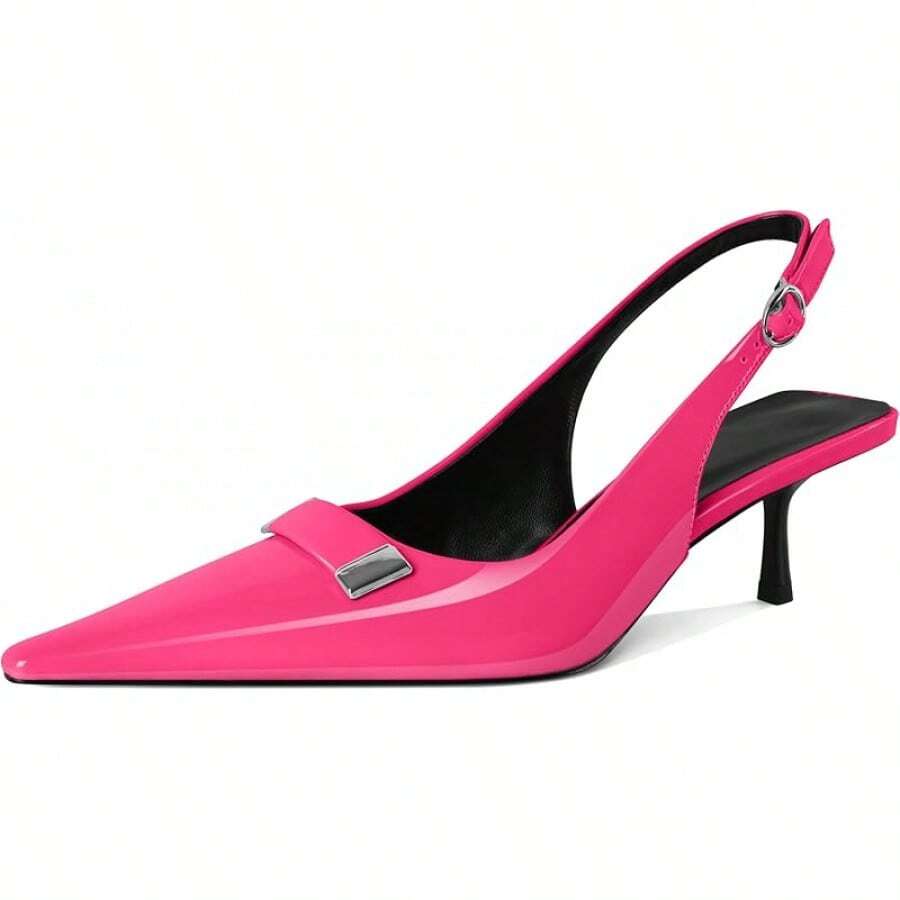Women's Pointed Toe Slingback Heels Metal Buckle Ankle Strap Kitten Low Heel Pumps 2 Inch Stylish Retro Women Shoes-20256688 - 漆皮亮粉色 - 查看 1