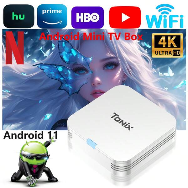 TUOGTCI Mini TV Box, Allwinner H313 TX1 Android 10 Smart TV Box - Reproductor multimedia 4K Ultra HD con CPU H313 de cuatro núcleos, Wi-Fi 2.4G y Ethernet, control parental, control remoto y fuente de alimentación, diseño compacto para mini TV, Smart TV doméstico, dispositivo de transmisión de video, componentes de alta calidad