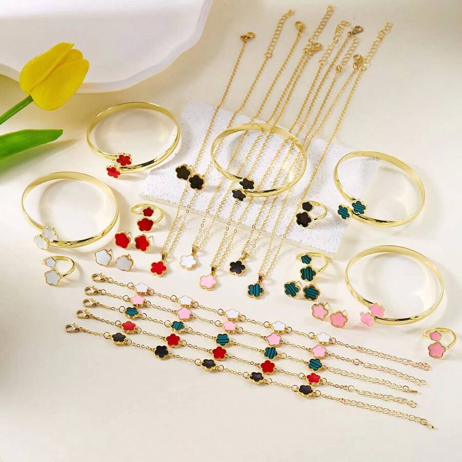 Five-Petal Flower 5-Piece Set Necklace Bracelet Bangle Earrings Ring Elegant Set - Hồng - Xem 1
