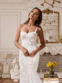 Elegant Sexy Lace Applique Embroidery Mermaid Wedding Dress For Bride,Open Back Tuyhe Formal Evening Party Dress Bridal Gowns,Romantic Church Ceremony Wedding Dress,Suitable For Wedding,Dating,Birthday Party,Singles' Party,Vacation,Formal Occasions,Dinner Dress,Prom Dress,Homecoming Dress,Cocktail Party - 白色 - 查看 4