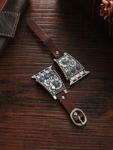 1 pieza Correa de reloj de cuero turquesa retro compatible con Apple Watch, pulsera de reloj con diseño floral plateado compatible con Apple Watch