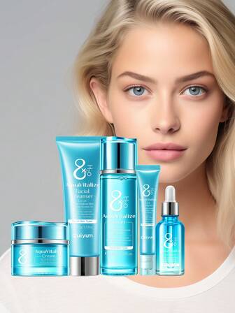 1 Set Hydrating QUIYUM 8x H2o Aquavitalize Skincare Set ,(8x H2o Aquavitalize Facial Cleanser 100g+8x H2o Aquavitalize Toner 100ml+8x H2o Aquavitalize Serum 30ml+8x H2o Aquavitalize Eye Cream 20g+8x H2o Aquavitalize Cream 55g)Brightening Skin Care Gift Boxes Deep Nourishing Skin Care Gift Bag Minimize Pores For Women, Mom, Wife, Sister, Teen, Girl Friend Gifts For Grandma Gifts