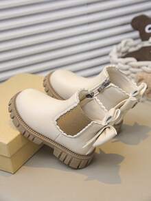 1 Pair Children's Fashion New Style Girls' Boots, PU Material, Side Zipper, Elastic Ankle, Handmade Flower & Bow Decor, Non-Slip Soft Durable Sole, Chelsea Style, Suitable For School, Outdoor, Home, Spring, Summer, Autumn Wear