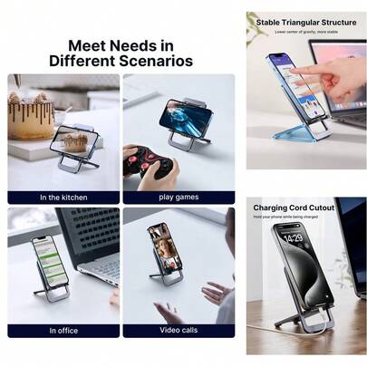 Porta Celular Plegable de Aluminio Gris - Compatible con Múltiples Teléfonos y Tablets, Ángulo Ajustable para Escritorio