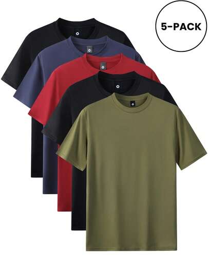 5pcs/Pack Men's Regular Fit Summer Basic Short Sleeve T-Shirts, Solid Color Casual Sports Lightweight Tops Tees